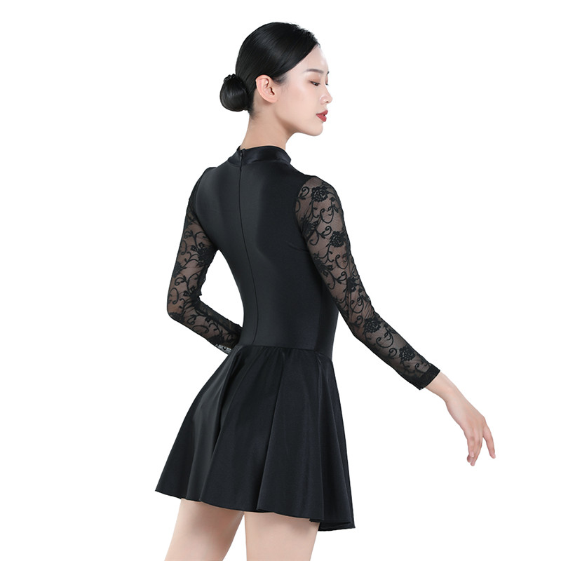 Women Black Performance Dress with Long Mesh Sleeves