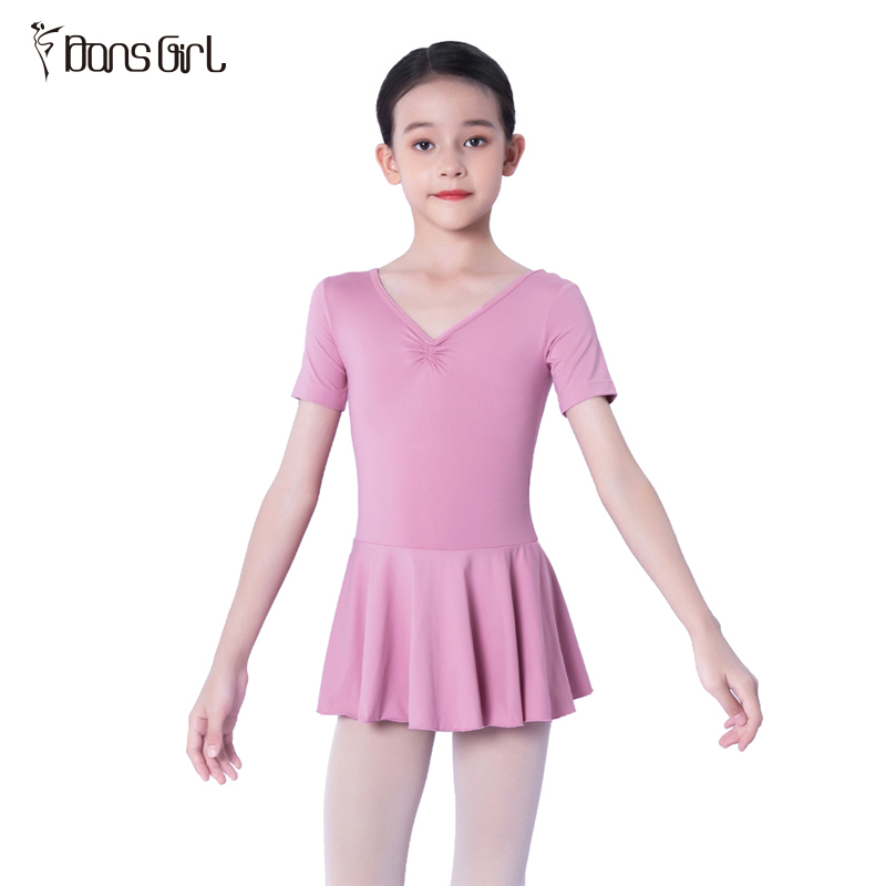 Kids Girls Pink Dance Wear Leotard With Skirt