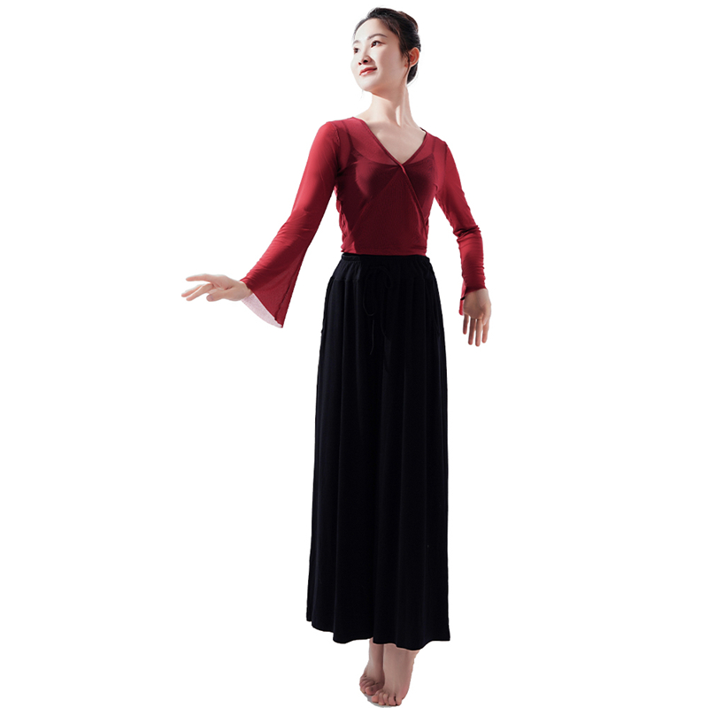 Burgundy Flared Long Sleeve Mesh Top For Ballet