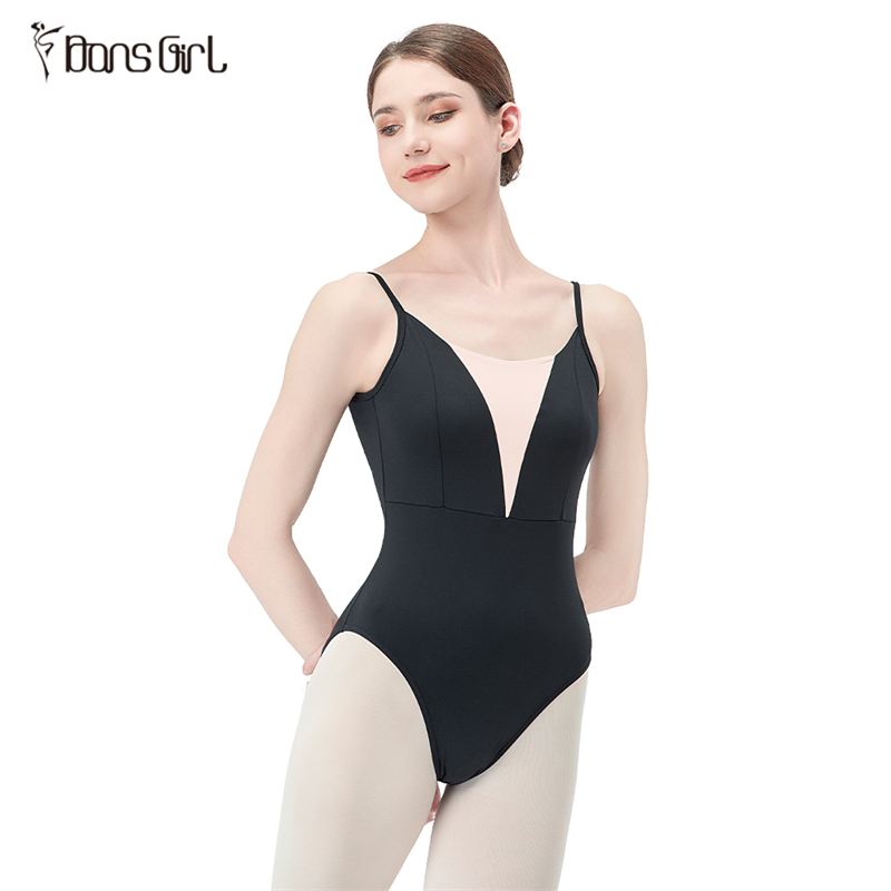 V Front Camisole Basic Black Leotard for Women