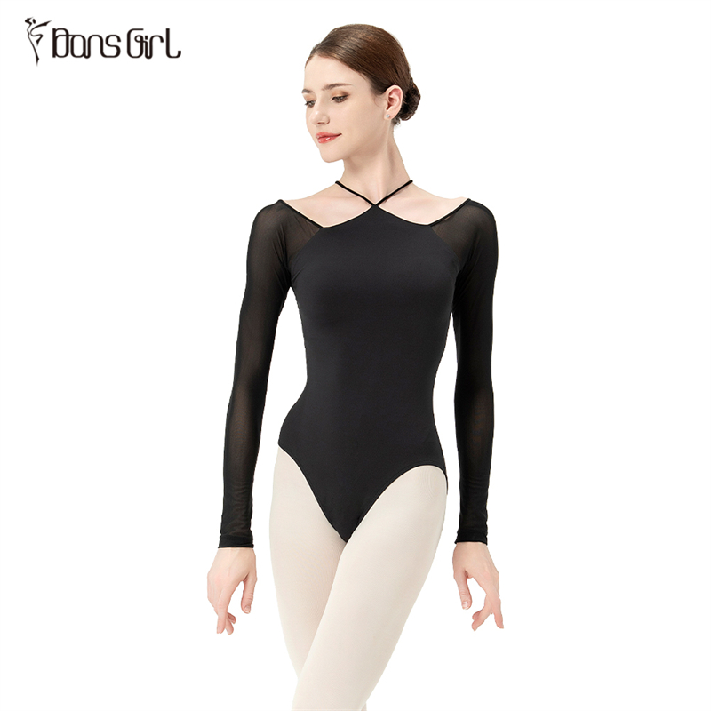 Halter Long Sleeve Black Leotard For Women