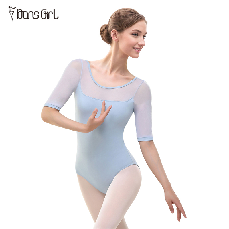Half Mesh Sleeve Ballet Dance Leotard in Blue For Women